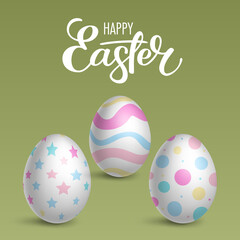 Realistic decorated eggs on green background. Easter greeting card or invitation template
