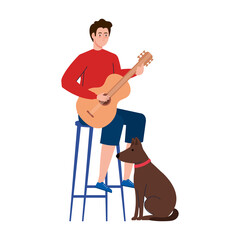 young man playing guitar sitting a chair with dog pet on white background vector illustration design