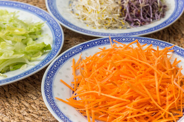 Raw carrot, alfalfa and iceberg lettuce served on chinese plates