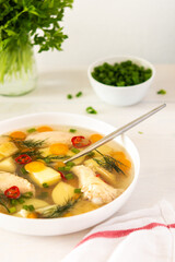 Chicken soup with fresh vegetables, chicken wings broth and young potatoes with onions and carrots, chopped green onions and parsley