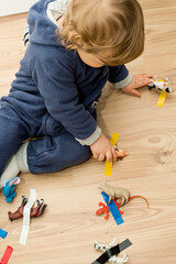 One year child playing on the floor. play game. Task to unstick animals from floor board. Learning to say animal names