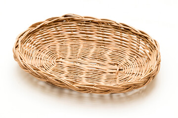 Fototapeta premium Wicker basket, Wood Serving Tray, Kitchen Tray. Isolated white background. 