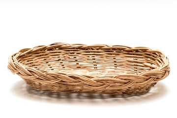 Obraz premium Wicker basket, Wood Serving Tray, Kitchen Tray. Isolated white background. 