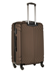 brown plastic suitcase on wheels