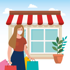 happy woman wearing medical mask, carrying shopping bags, with facade shop vector illustration design