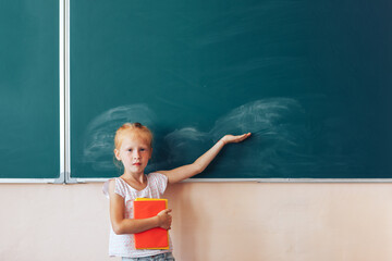 Little schoolgirl stands near the chalkboard, back to school, children education