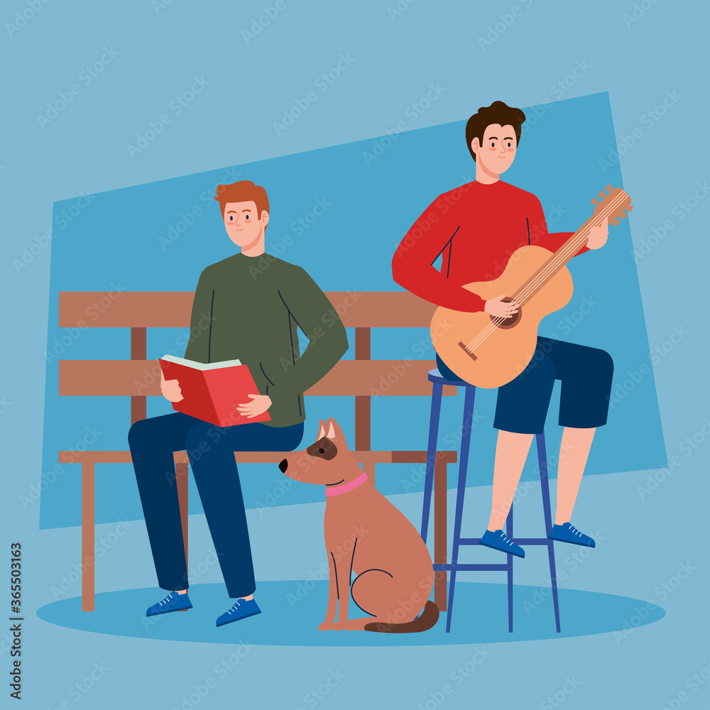 Wall mural men doing activities, playing guitar and reading book, with dog mascot vector illustration design