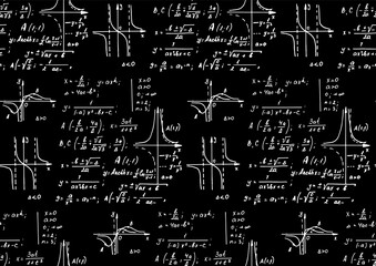 Vintage scientific and education background. Mathematical law theory and formula equation on blackboard. Vector hand-drawn seamless pattern.