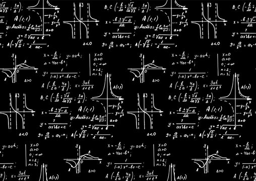Vintage scientific and education background. Mathematical law theory and formula equation on blackboard. Vector hand-drawn seamless pattern.