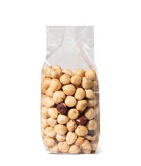 Hazelnuts in Plastic Package, Peeled - Close-Up - Isolated on White Background