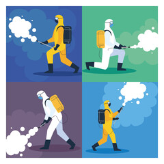 set scenes, home disinfection by commercial disinfecting service, disinfection workers with protective suit and spray prevent covid 19 vector illustration design