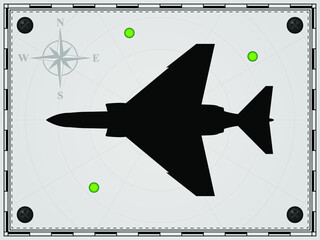 Airplane on a map background with radar elements. Aircraft. Wind rose. Vector illustration.