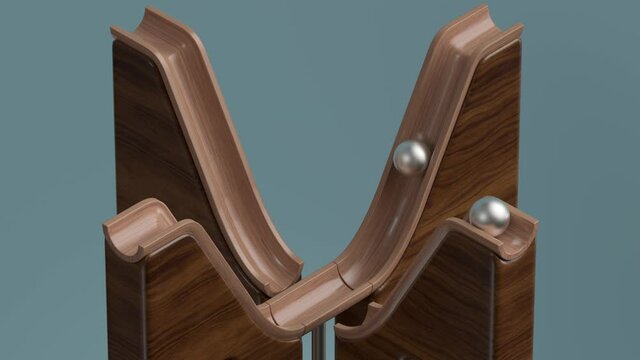 3d render of looped animation with metal ball rolling up and down on wood geometry. Satisfying video. Smooth light, realistic dynamic.