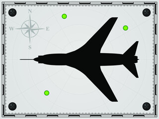 Airplane on a map background with radar elements. Aircraft. Wind rose. Vector illustration.