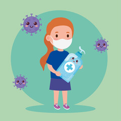 cute girl wearing medical mask to prevent coronavirus covid 19 with cute bottle disinfection and sanitizer bottle vector illustration design