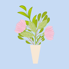 pink flowers with leaves inside vase design, natural floral nature plant ornament garden decoration and botany theme Vector illustration