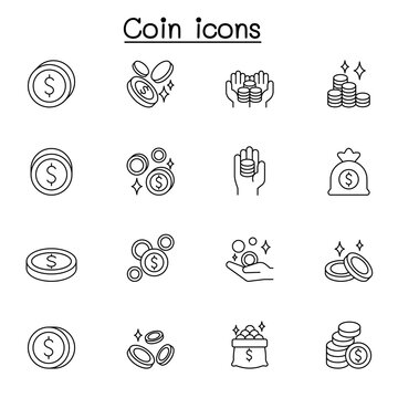 Coin icon set in thin line style
