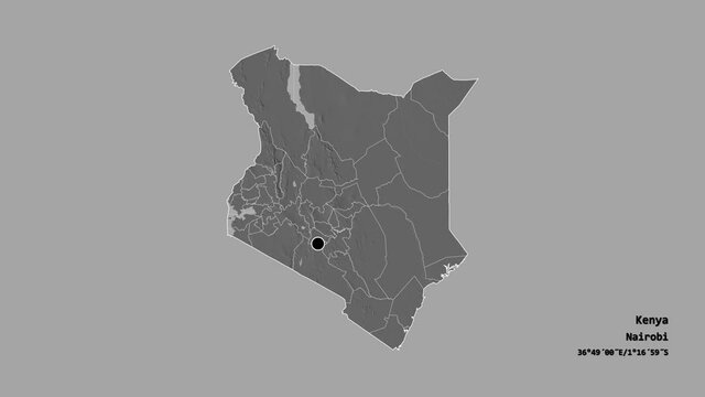 Kericho, county of Kenya, with its capital, localized, outlined and zoomed with informative overlays on a bilevel map in the Stereographic projection. Animation 3D
