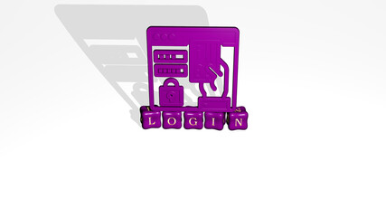 3D representation of login with icon on the wall and text arranged by metallic cubic letters on a mirror floor for concept meaning and slideshow presentation. illustration and access