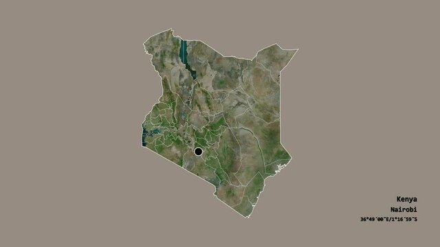 Kericho, county of Kenya, with its capital, localized, outlined and zoomed with informative overlays on a satellite map in the Stereographic projection. Animation 3D