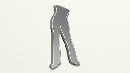 woman legs in trousers made by 3D illustration of a shiny metallic sculpture on a wall with light background. beautiful and young