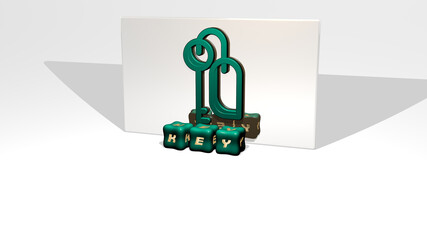 3D representation of key with icon on the wall and text arranged by metallic cubic letters on a mirror floor for concept meaning and slideshow presentation. background and illustration