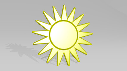 SUN made by 3D illustration of a shiny metallic sculpture with the shadow on light background. beautiful and blue
