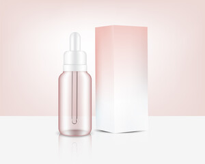 Transparent Dropper Bottle Mock up Realistic Rose Gold Perfume oil Cosmetic, and Box for Skincare Product Background Illustration. Health Care and Medical Concept Design.