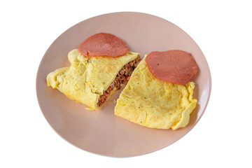 Fried rice wrap with Omelette on white background, focus selective.