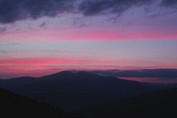 Panoramic view of the sunset in the Carpathian mountains.