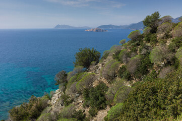 Fototapeta na wymiar View of the clear blue sea from the Italian island of Sardinia in the Mediterranean in summer