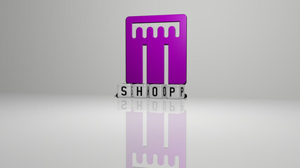 3D graphical image of shop vertically along with text built by metallic cubic letters from the top perspective, excellent for the concept presentation and slideshows. illustration and background