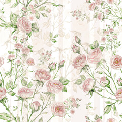 Seamless pattern of bouquets of roses drawn by pencil and paints on paper