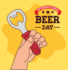 international beer day, august, with hand holding a bottle opener vector illustration design