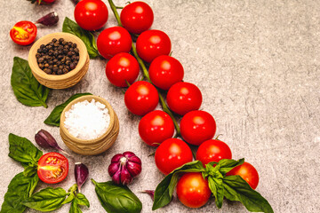 Ripe cherry tomatoes, garlic, basil, salt and black peppercorns on a stone culinary background