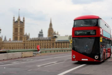 Foto op Canvas London bus on bridge and parliament © Cameron