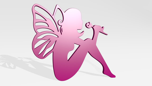 fairy with butterfly wings holding flower made by 3D illustration of a shiny metallic sculpture with the shadow on light background. beautiful and fantasy