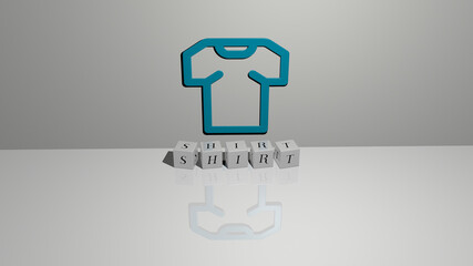 3D graphical image of shirt vertically along with text built by metallic cubic letters from the top perspective, excellent for the concept presentation and slideshows. background and white