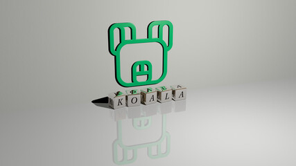 3D graphical image of koala vertically along with text built by metallic cubic letters from the top perspective, excellent for the concept presentation and slideshows. illustration and animal © Ali