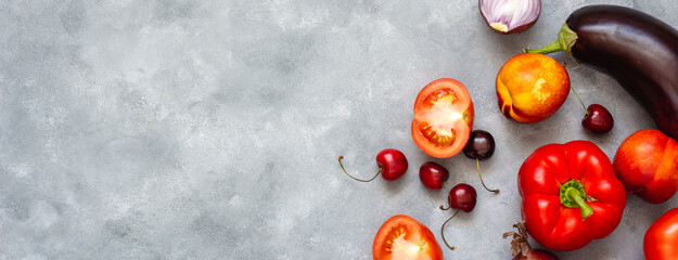 Red vegetables and fruits background. Top view, Copy space. © vivoo