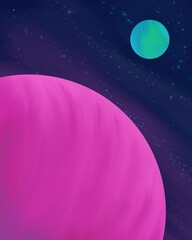 View of a blue planet from pink planet.