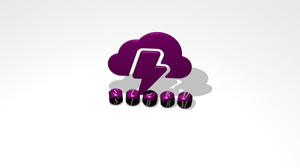 3D representation of storm with icon on the wall and text arranged by metallic cubic letters on a mirror floor for concept meaning and slideshow presentation. background and clouds