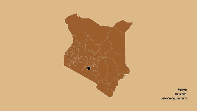 Kisii, county of Kenya, with its capital, localized, outlined and zoomed with informative overlays on a solid patterned map in the Stereographic projection. Animation 3D
