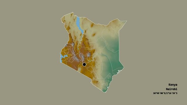 Kisii, county of Kenya, with its capital, localized, outlined and zoomed with informative overlays on a relief map in the Stereographic projection. Animation 3D