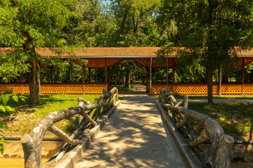 wooden bridge in the park with the view of Colonada, Buzias, Romania