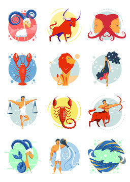 Colorful set of zodiac signs Aries, Leo, Sagittarius, Taurus, Virgo, Capricorn, Gemini, Libra, Aquarius, Cancer, Scorpio, Pisces. Astrology horoscope. Vector flat design cartoon icons