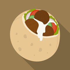 Falafel in pita. Traditional middle east food. Vector flat illustration isolated on beige background.