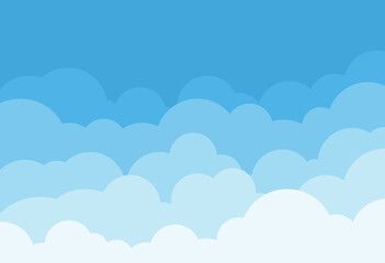 Cloud sky vector background pattern in cartoon style for summer sunshine poster design. Light blue flat fluffy heaven clouds illustration for banner scene backdrop. White and blue nature landscape V1