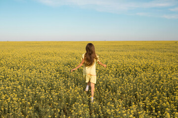 Fototapeta premium portrait of a teenage girl in a yellow dress running across the field in summer