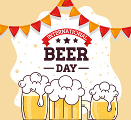 international beer day, august, beers and garlands hanging decoration vector illustration design